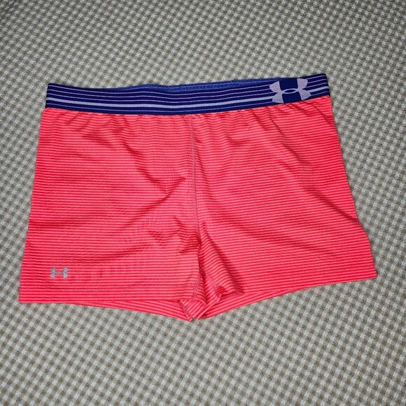 Under Armour UPF 30+ Heat Gear Pink Striped Elastic Waistband Compression Shorts - Picture 1 of 9
